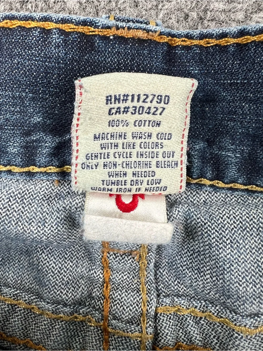 True Religion Dark Blue Denim Jeans with Yellow Contrast Stitching